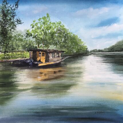 Peinture Anjou toue cabanée tranquillité par Hoffmann Elisabeth | Tableau Figuratif Aquarelle Marine, Paysages, Urbain