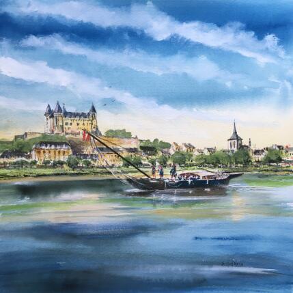 Peinture Saumur fleuve Royal bateau amiral par Hoffmann Elisabeth | Tableau Figuratif Aquarelle Marine, Urbain