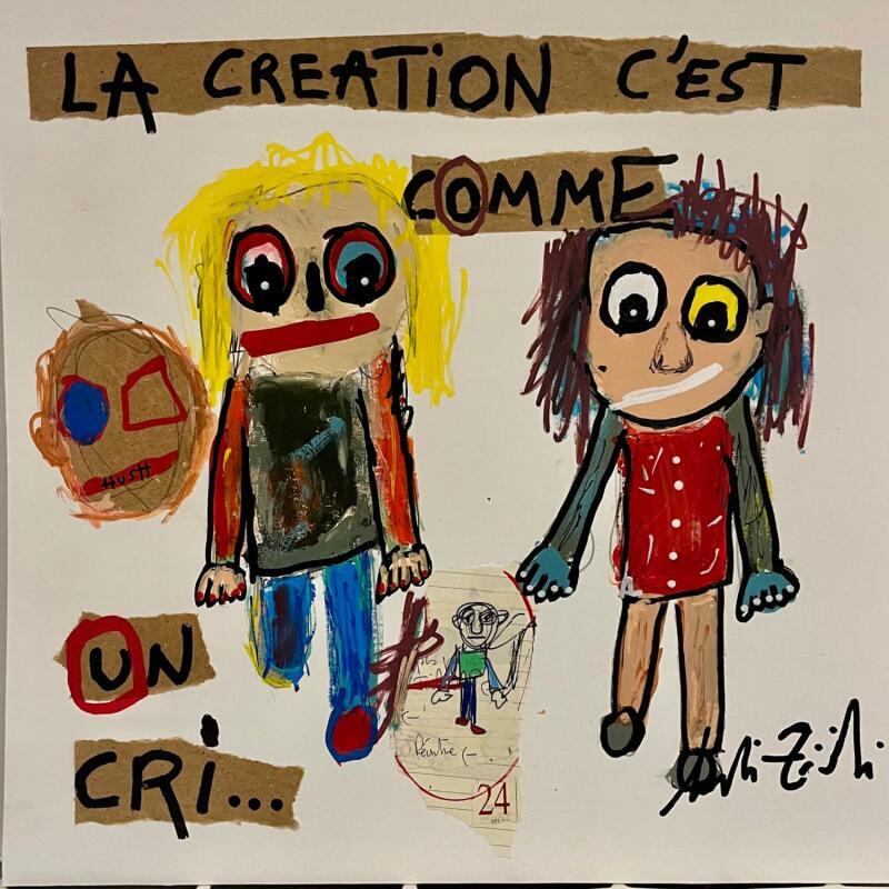 Painting THE CRY by Zaïdi Larbi | Painting Raw art Cardboard Acrylic Posca Pastel