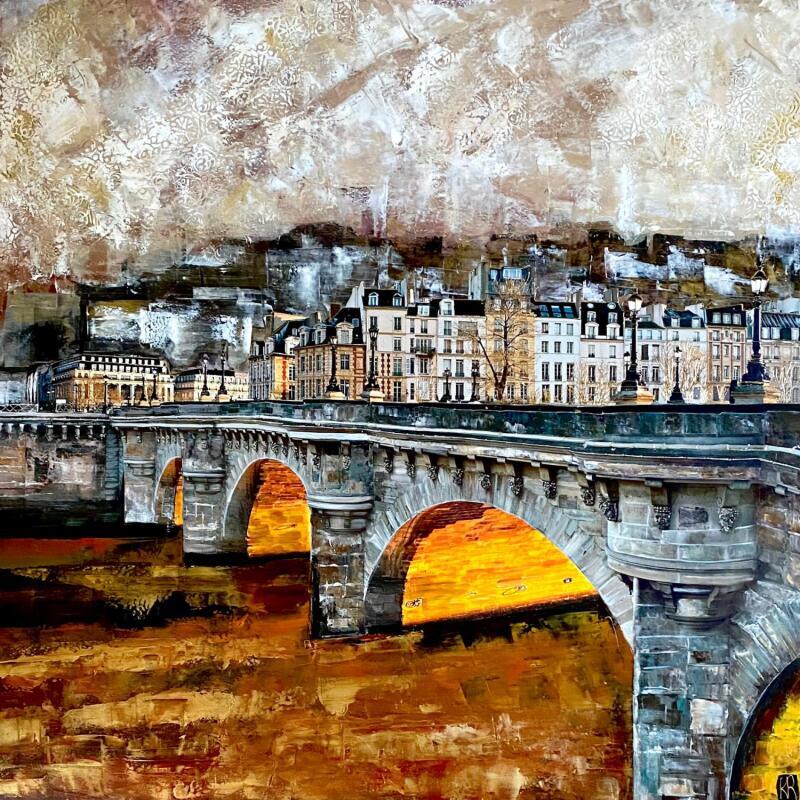 Peinture Paris au fil de l’eau  par Romanelli Karine | Tableau Figuratif Urbain Scènes de vie Acrylique Collage