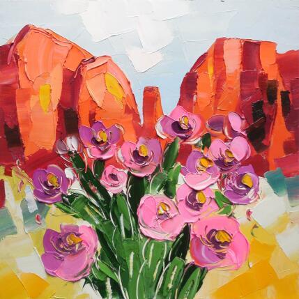 Peinture Pink cholla flowers par Lunetskaya Elena | Tableau Figuratif Carton, Huile Minimaliste, Nature, Paysages