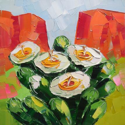 Peinture Saguaro in bloom par Lunetskaya Elena | Tableau Figuratif Huile Minimaliste, Nature, Paysages