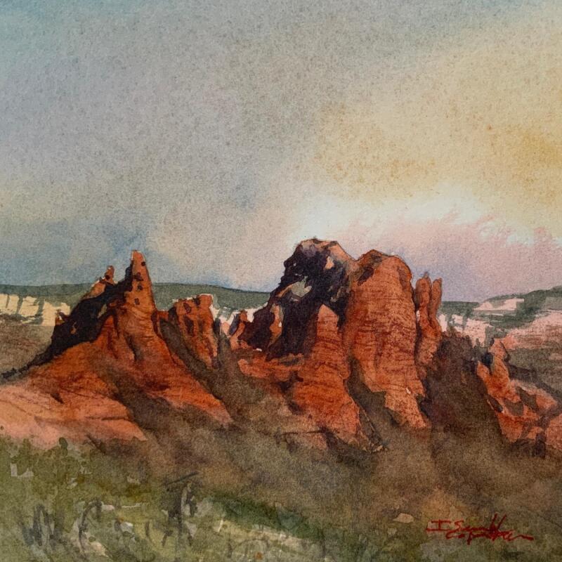 Peinture Sedona 321 par Seruch Capouillez Isabelle | Tableau Figuratif Paysages Urbain Nature Aquarelle