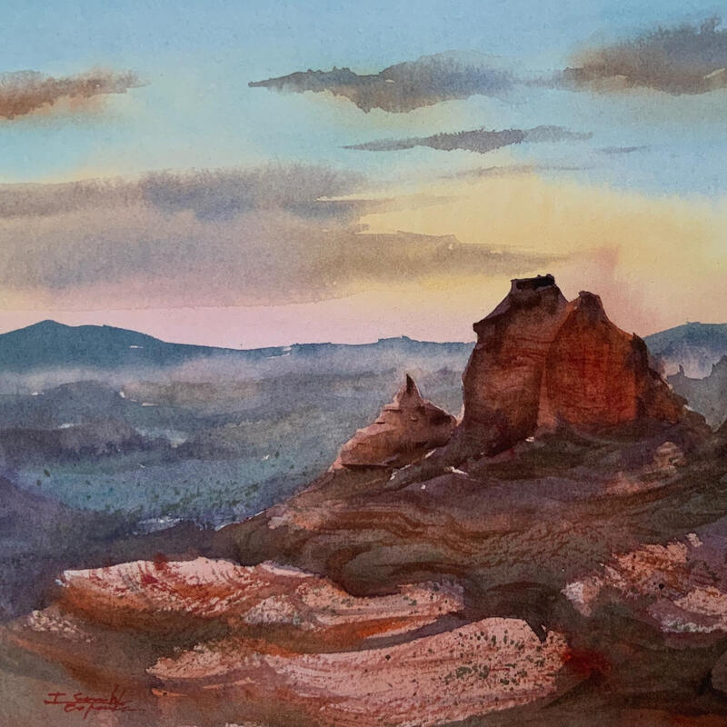 Painting Sedona 2149 by Seruch Capouillez Isabelle | Painting Figurative Landscapes Urban Nature Watercolor