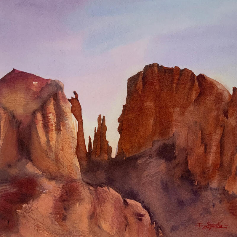 Painting Sedona 2150 by Seruch Capouillez Isabelle | Painting Figurative Landscapes Urban Nature Watercolor