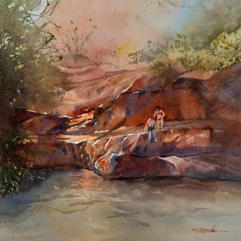 Painting Sedona 149 by Seruch Capouillez Isabelle | Painting Figurative Landscapes Urban Nature Watercolor