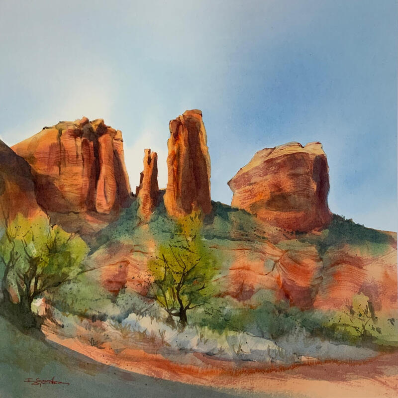 Painting Sedona 96 by Seruch Capouillez Isabelle | Painting Figurative Landscapes Urban Nature Watercolor