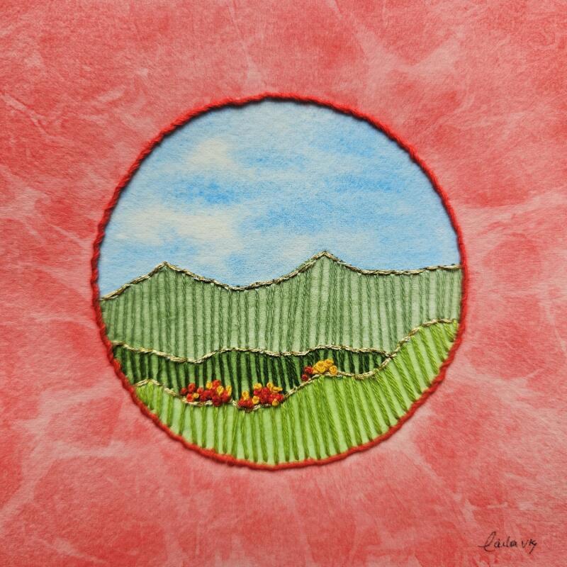 Painting Green mountains, wild blooms by Vazquez Laila | Painting Figurative Landscapes Watercolor Textile
