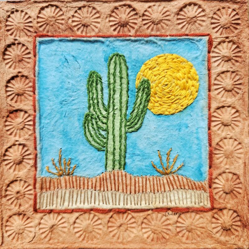 Painting Sahuaro and sun by Vazquez Laila | Painting Figurative Landscapes Watercolor Textile