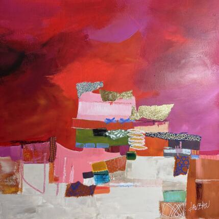 Peinture Arrivée au palais rose par Lau Blou | Tableau Abstrait Acrylique, Carton, Collage, Feuille d'or, Pastel