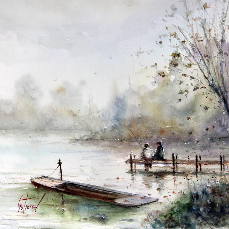 Painting La Loire - Enfants sur le ponton by Gutierrez | Painting Impressionism Landscapes Watercolor