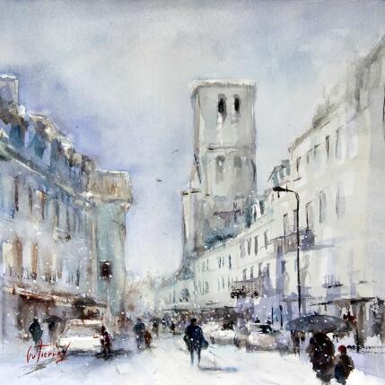 Peinture Neige sur la rue des Halles par Gutierrez | Tableau Impressionnisme Aquarelle Urbain