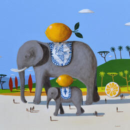 Painting Eléphant et éléphanteau aux citrons by Lionnet Pascal | Painting