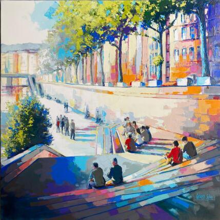 Peinture Flâneries sur les rives de Saône  par Gérard Sylvie  | Tableau Figuratif Acrylique Scènes de vie, Urbain