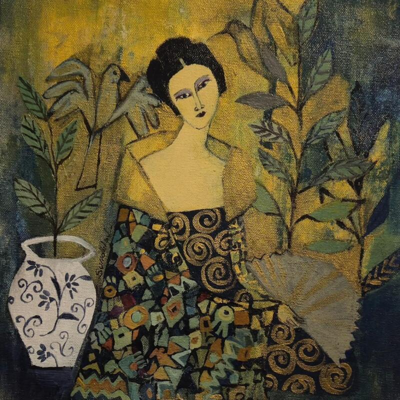 Gemälde Geisha in green von Sundblad Silvina | Gemälde Figurativ Acryl Pastell