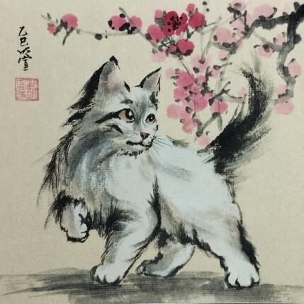 Peinture White cat par Du Mingxuan | Tableau Figuratif Aquarelle, Encre Animaux