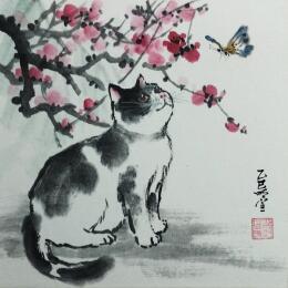 Peinture Cat and butterfly par Du Mingxuan | Tableau Figuratif Aquarelle, Encre Animaux