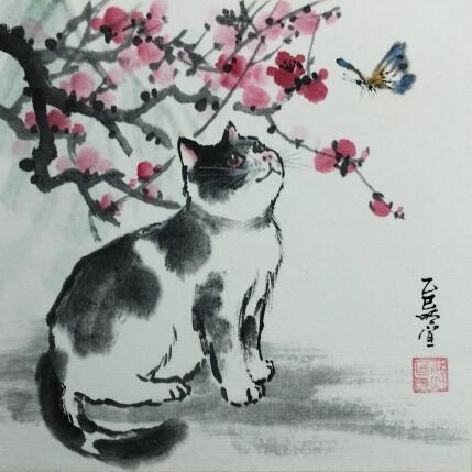 Painting Cat and butterfly by Du Mingxuan | Painting Figurative Ink, Watercolor Animals