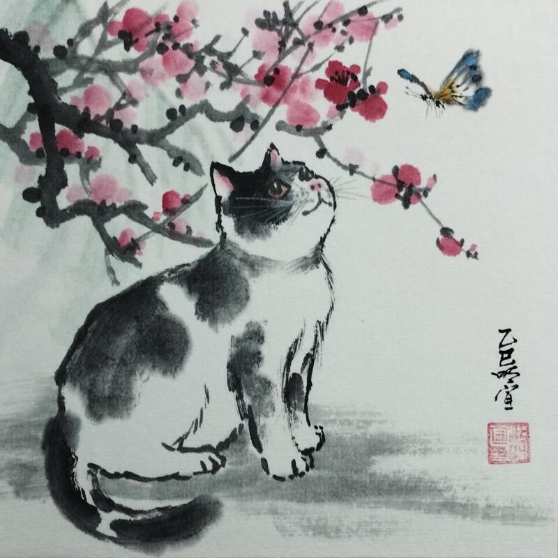 Painting Cat and butterfly by Du Mingxuan | Painting Figurative Animals Watercolor Ink