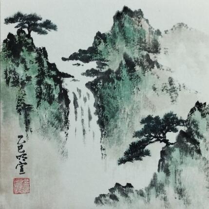 Peinture Waterfall and pinetree par Du Mingxuan | Tableau Figuratif Aquarelle, Encre Paysages
