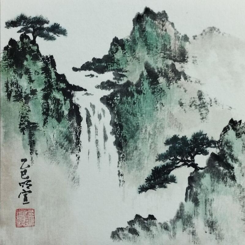 Peinture Waterfall and pinetree par Du Mingxuan | Tableau Figuratif Paysages Aquarelle Encre