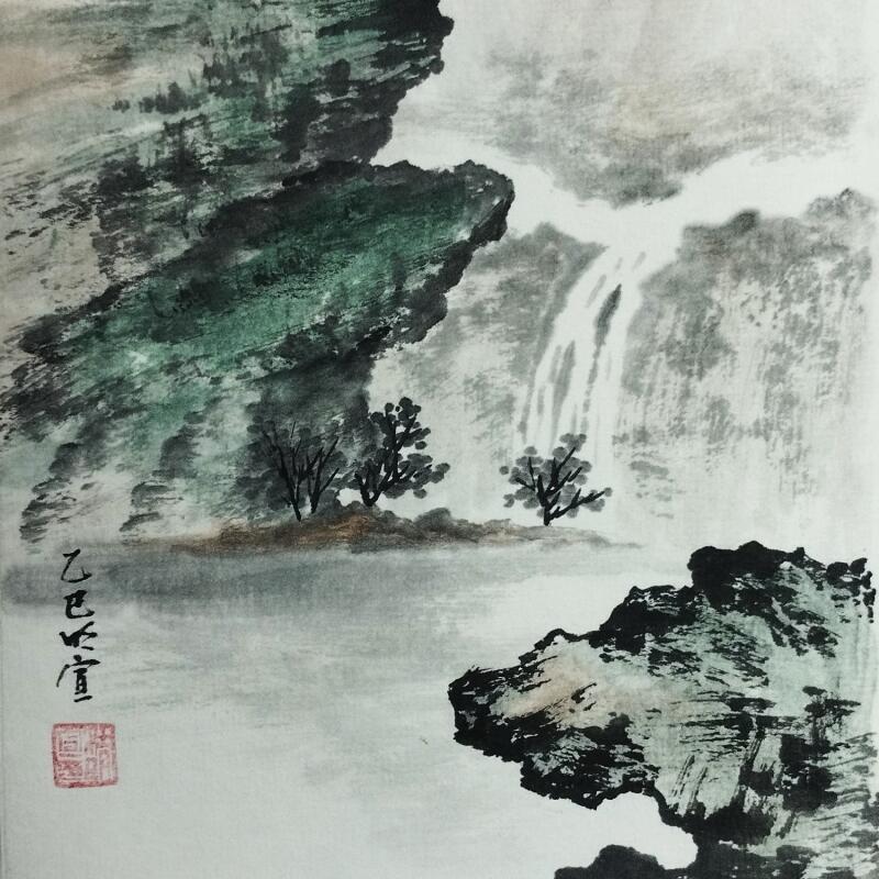 Painting Waterfall in valley by Du Mingxuan | Painting Figurative Landscapes Watercolor Ink