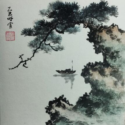 Peinture Pinetree on cliff par Du Mingxuan | Tableau Figuratif Aquarelle, Encre Paysages