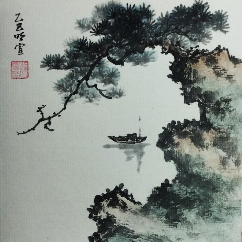 Gemälde Pinetree on cliff von Du Mingxuan | Gemälde Figurativ Landschaften Aquarell Tinte