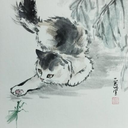 Painting Cat and mantis by Du Mingxuan | Painting Figurative Ink, Watercolor Animals, Pop icons