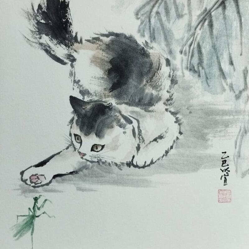 Painting Cat and mantis by Du Mingxuan | Painting Figurative Animals Watercolor Ink