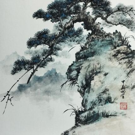 Peinture Pinetree on cliff 2 par Du Mingxuan | Tableau Figuratif Aquarelle, Encre Paysages