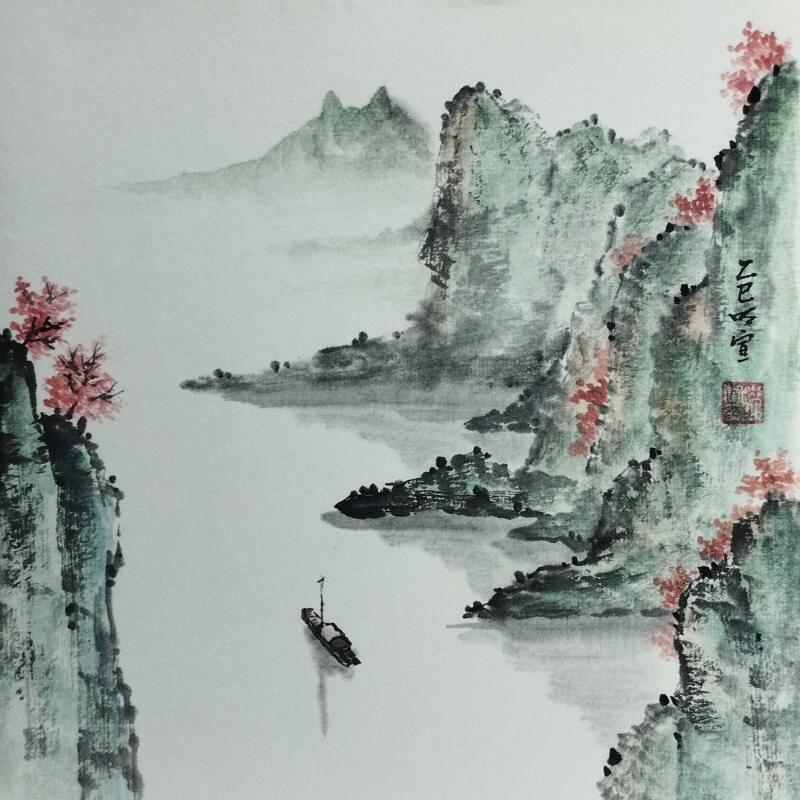 Painting Boat on river by Du Mingxuan | Painting Figurative Landscapes Watercolor Ink