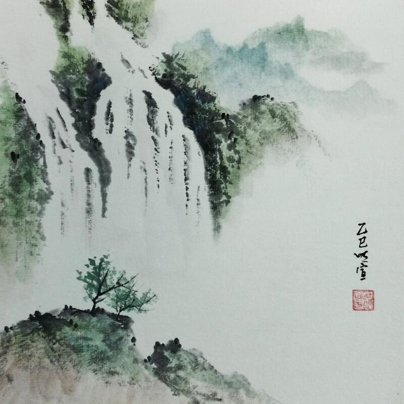 Peinture Spring waterfall par Du Mingxuan | Tableau Figuratif Paysages Aquarelle Encre