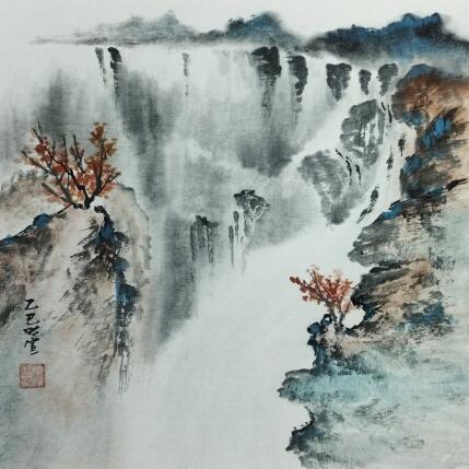 Peinture Autumn waterfall par Du Mingxuan | Tableau Figuratif Aquarelle, Encre Paysages