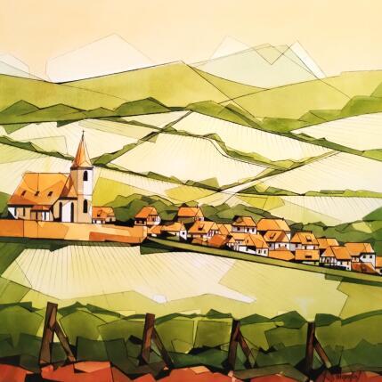 Gemälde Vignes en Alsace von Langlois Jean-Luc | Gemälde Figurativ Aquarell Landschaften