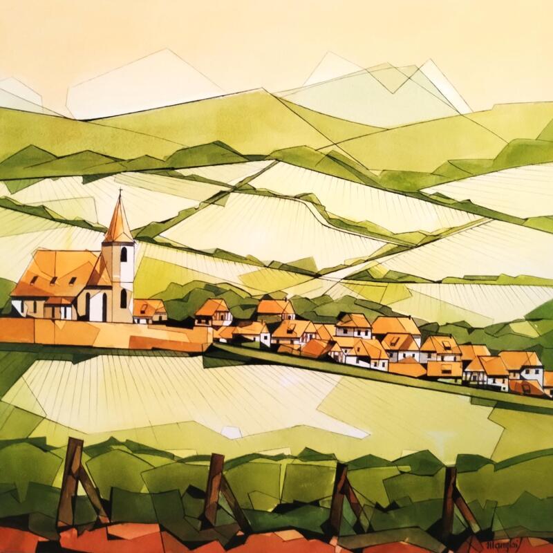 Peinture Vignes en Alsace par Langlois Jean-Luc | Tableau Figuratif Paysages Aquarelle