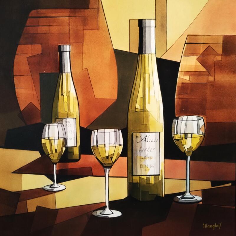 Peinture Bouteille et Verres par Langlois Jean-Luc | Tableau Figuratif Natures mortes Aquarelle