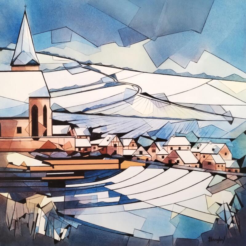 Peinture Neige en Alsace par Langlois Jean-Luc | Tableau Figuratif Paysages Aquarelle