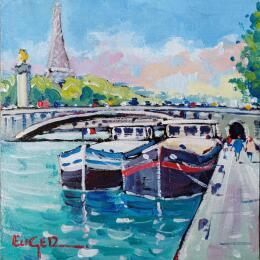 Peinture PENICHES A QUAI RIVE DROITE A PARIS par Euger | Tableau
