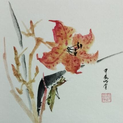 Peinture Red lily and mantis par Du Mingxuan | Tableau Figuratif Aquarelle, Encre Nature