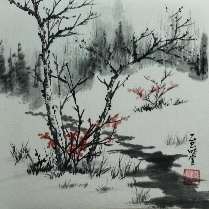 Painting Winter creek by Du Mingxuan | Painting Figurative Landscapes Watercolor Ink