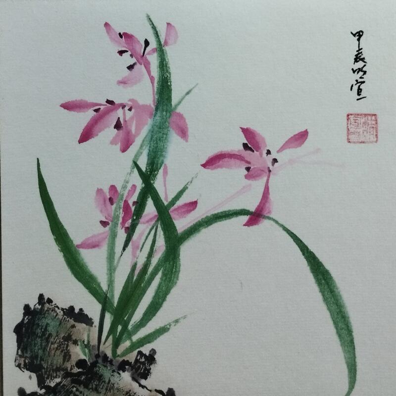 Painting Pink orchid by Du Mingxuan | Painting Figurative Nature Watercolor Ink