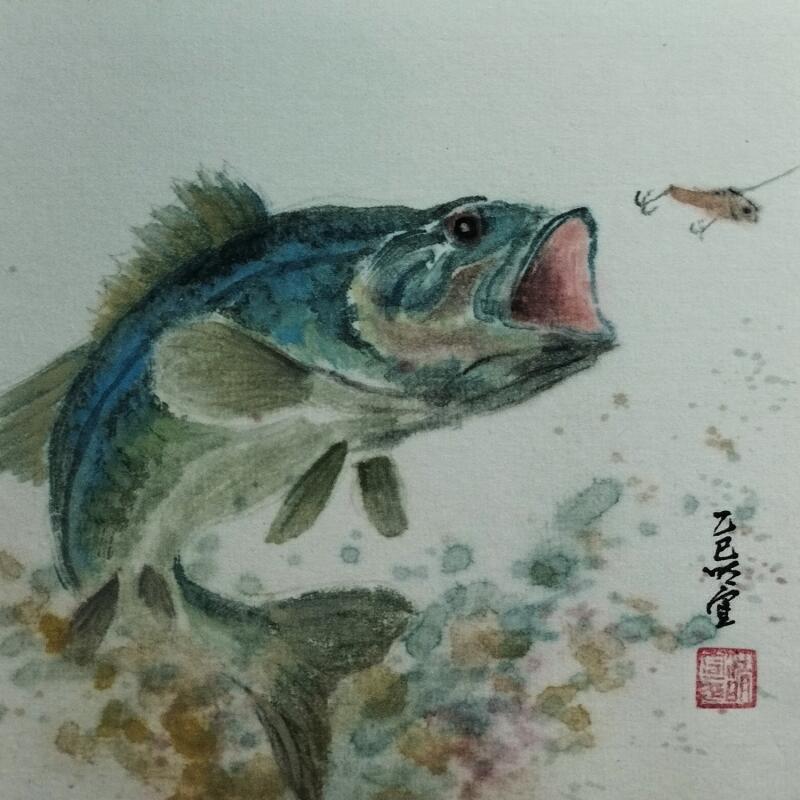 Peinture Sea bass par Du Mingxuan | Tableau Figuratif Animaux Aquarelle Encre
