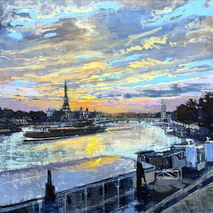 Peinture Coucher de soleil sur la Seine par Faveau Adrien | Tableau Figuratif Huile Urbain