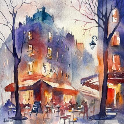 Peinture Café parisien au crépuscule par Khomyakova  Liliya  | Tableau Figuratif Aquarelle Architecture, Scènes de vie, Urbain