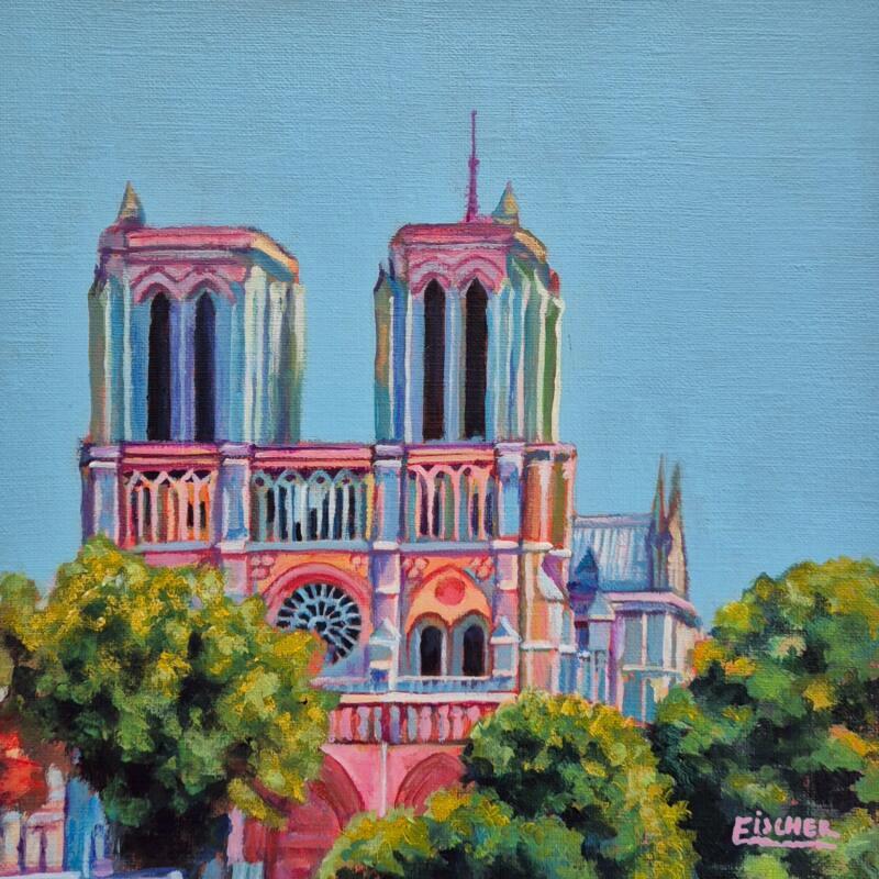 Peinture Notre-Dame chromatique par Emma Fischer | Tableau Figuratif Urbain Nature Architecture Acrylique