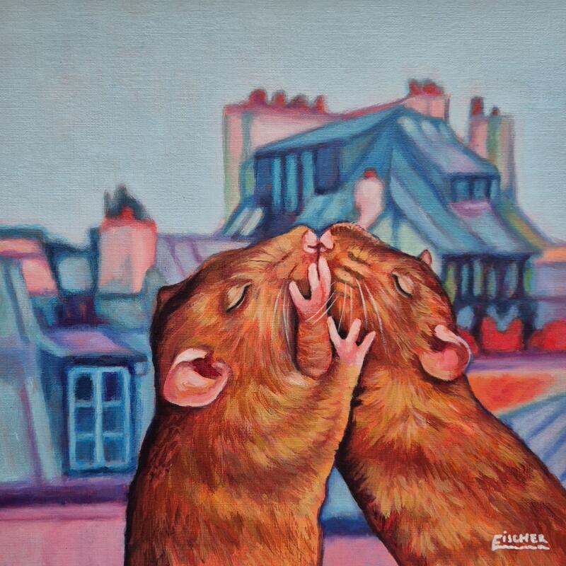 Pintura Baiser en Altitude por Emma Fischer | Pintura Figurativo Retrato Urbano Animales Acrílico