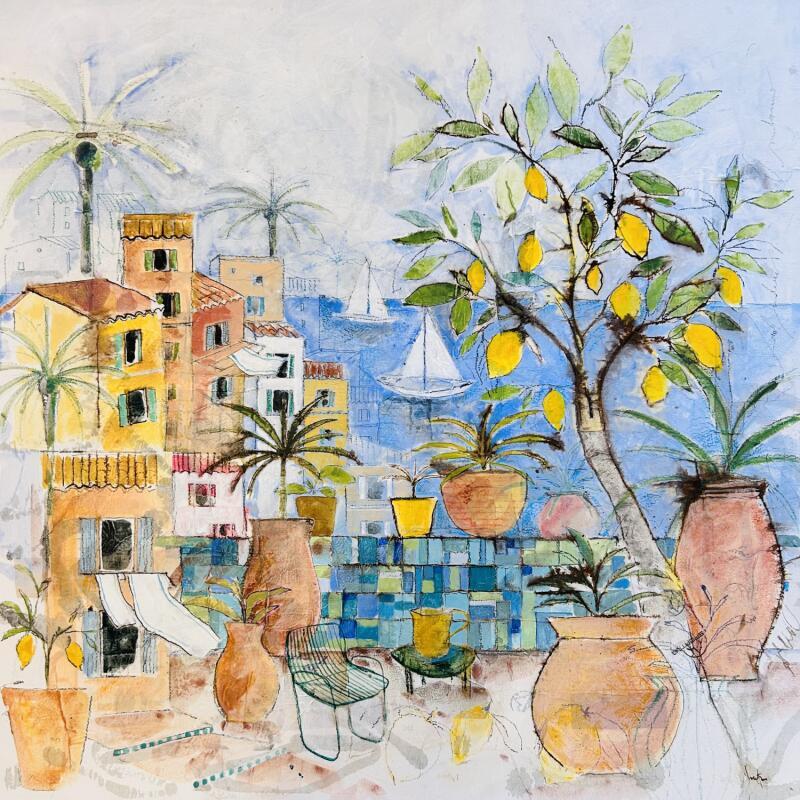 Painting Rêves en Méditerranée  by Colombo Cécile | Painting Naive art Landscapes Marine Life style Watercolor Acrylic Gluing Ink Pastel