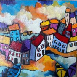 Pintura Village coloré  por Fauve | Pintura Figurativo Acrílico Iconos pop, Paisajes