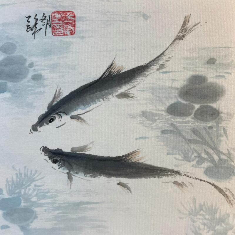 Painting twin fish by Yu Huan Huan | Painting Figurative Animals Ink